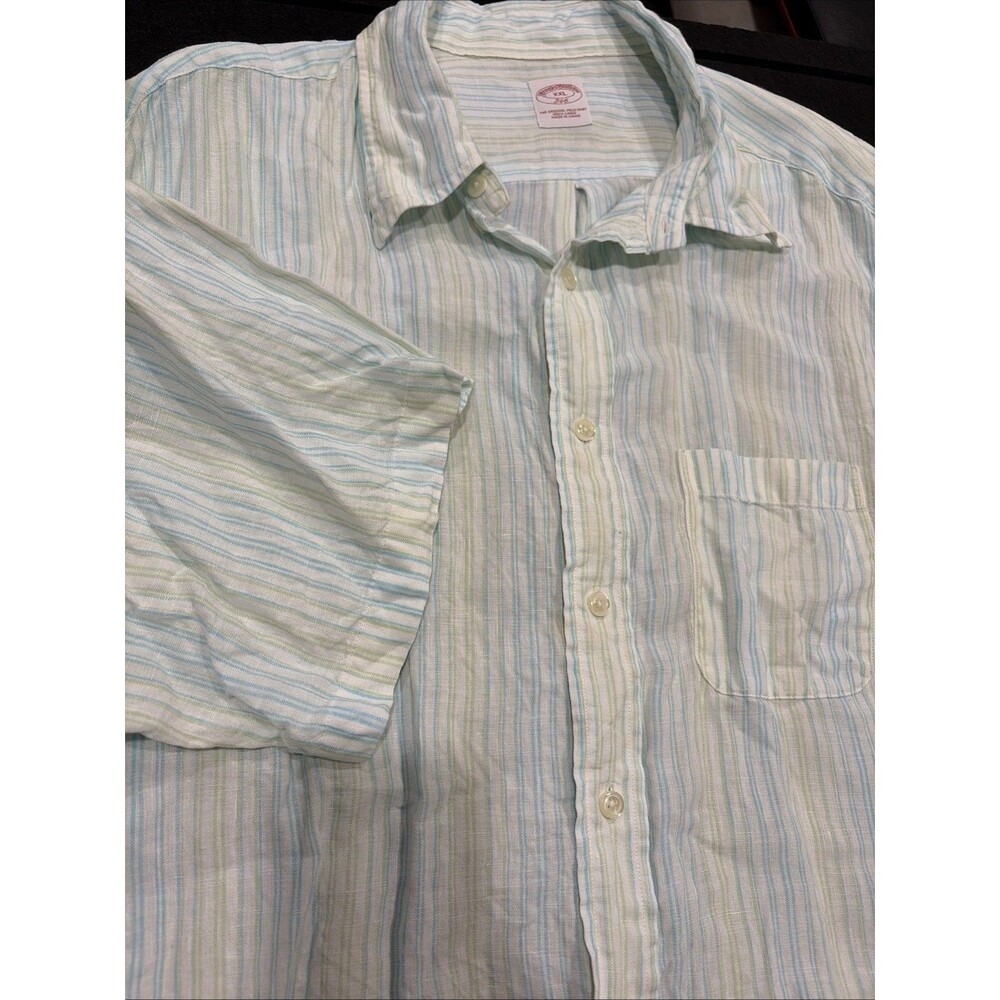 Brooks Brothers 346 Shirt Mens 2XL Short Sleeve Button 100% Linen Striped